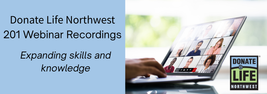 Text reading DLNW 201 Webinar Recordings, Expanding skills and knowledge and a photo of an open laptop showing a virtual meeting in progress with a person's hand on the keyboard
