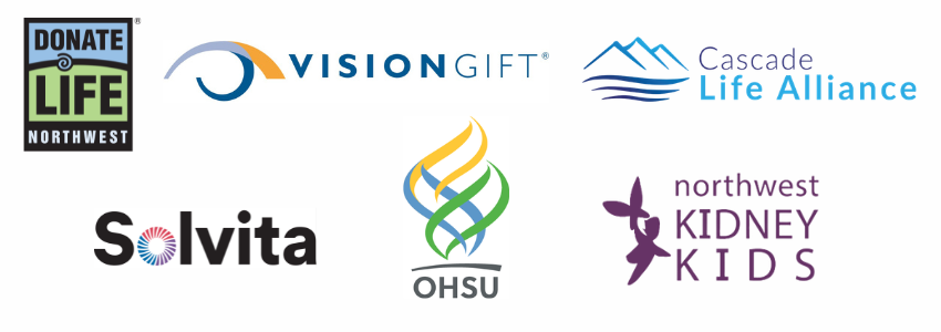 logos for Donate Live NW, VisionGift, Cascade Life Alliance, Solvita, OHSU, and NW Kidney Kids